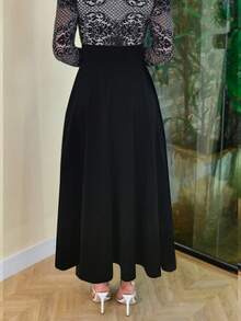 Falda plisada de cintura alta negra para oficina, primavera/verano, elegante para invitada de boda - Negro - Ver 2