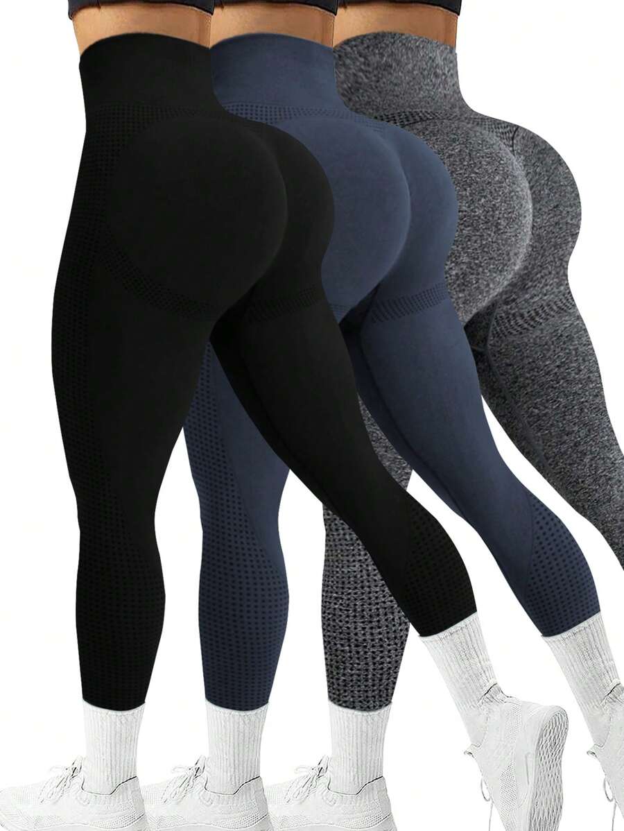 3 piezas Mallas deportivas de cintura alta sin costuras para mujeres, que absorben la humedad y levantan el trasero, versátiles para yoga y uso diario - Multicolor - Ver 1