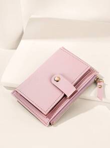 1 件可定制简约短款双折 PU 皮革钱包按扣设计钱包 - 淺粉色 - 查看 3