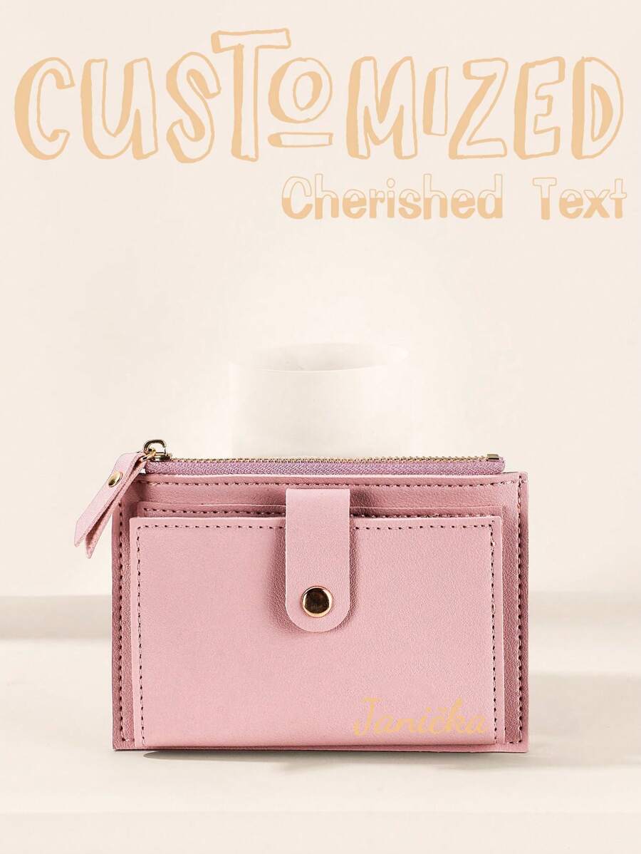 1 件可定制简约短款双折 PU 皮革钱包按扣设计钱包 - 淺粉色 - 查看 1