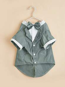 1pc Dog Wedding Festive Bow Tie Tuxedo Style Structured 2 In 1 Multi-Color Button Pet Shirt Suit - Grey - View 4