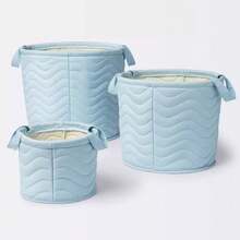 Quilted Fabric Large Round Storage Basket - Blue - 藍色 - 查看 1