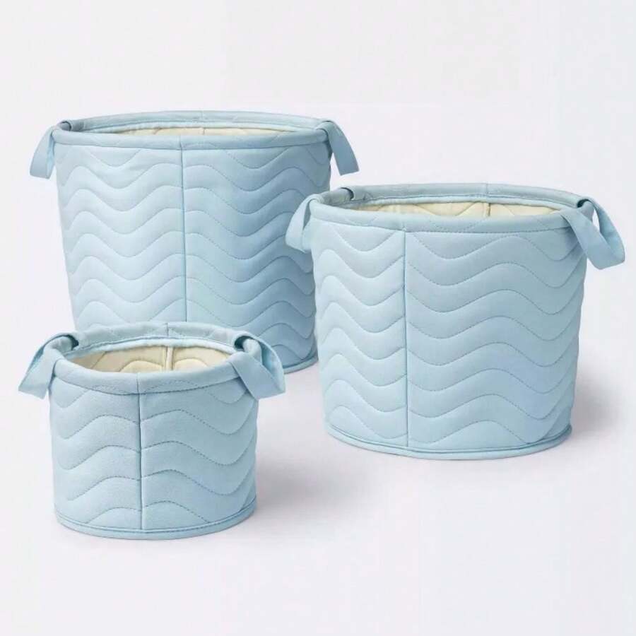 Quilted Fabric Large Round Storage Basket - Blue - 藍色 - 查看 1