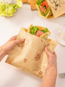 25pcs/Pack Brown Kraft Paper Bear & Lemon Print Sandwich/Bread/ Oil Proof Self-Adhesive Packaging Bags, Suitable For Sandwiches, Burgers, Fries, Party Snacks Etc. (Slight Difference In Pattern Arrangement Due To Production Batch) - Brown - View 2