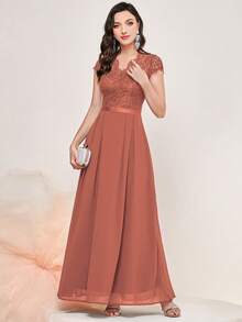 MIUSOL 花卉蕾絲緊身上衣雪紡派對超長正式晚禮服