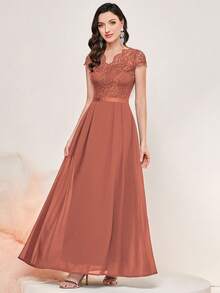 MIUSOL 花卉蕾絲緊身上衣雪紡派對超長正式晚禮服