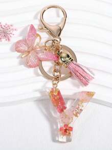 1pc New Dried Flower Crystal Epoxy Flower Letter Keychain, Fashion Bag Charm Tassel Butterfly Keyring Halloween Gift Souvenir Car Accessories School Cute Goth Y2k - Pink - View 15
