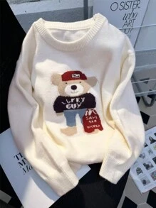 JIANHU 春季新款卡通小熊针织毛衣可爱趣味圆领宽松上衣休闲时尚女装 - 米色 - 查看 1