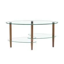 Transparent Oval Glass Coffee Table, Modern Table In Living Room Oak Wood Leg Tea Table 3-Layer  Glass Table Ckonson9