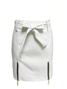 Women Faux Leather Zipper Closure Mini Skirt, Spring & Summer - White - View 3