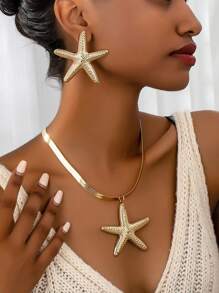 3pcs Fashionable Beach Style Starfish & Faux Pearl Pendant Necklace And Earrings Set, Women's Casual Summer - Yellow Gold - View 5