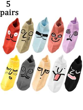 5/10 Pairs Women Color Candy Cute Embroidered Cartoon Socks, Funny Expression Pattern Fashion Ankle Socks, Suitable For Daily Wear