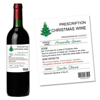 6pcs Funny Christmas Wine Bottle Labels - Festive Prescription Design, Merry Christmas Wine Bottle Stickers, Writable & Waterproof Stickers For Holiday Parties & Birthday Gifts