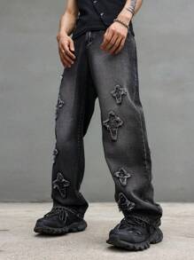 Grunge Goth Y2K Style Men's Cargo Pants With Pentagram Patch, Straight Leg Pockets, Casual Loose Fit Streetwear Jeans - Black - View 3