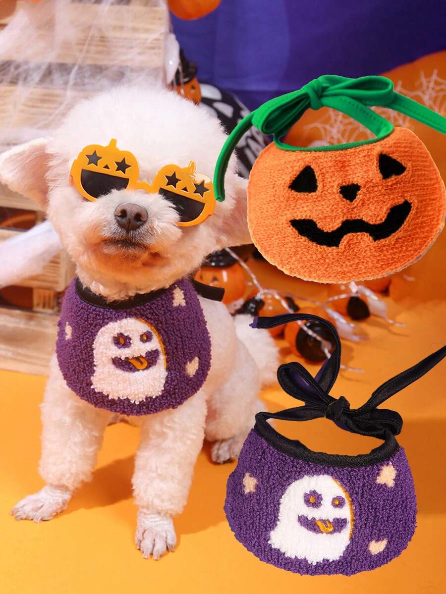 1 件宠物万圣节配饰，南瓜和鬼魂刺绣宠物围兜，万圣节装饰 - 彩色 - 查看 1