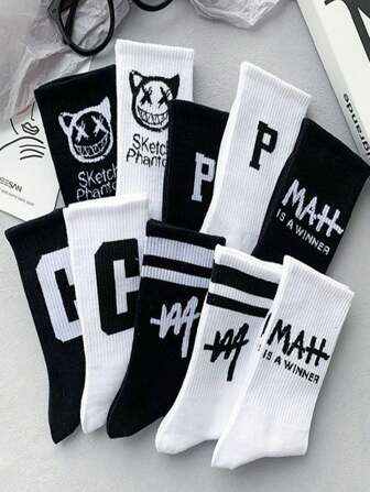 5/10 Pairs Men Cartoon Graphic Mid-Calf Socks, Streetwear Style, Fall