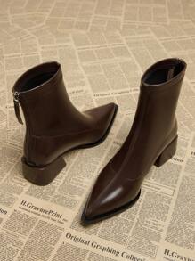 2025秋季新款优雅简约女靴，粗跟低跟尖头鞋，秋冬季百搭时尚踝靴 - 咖啡棕 - 查看 4