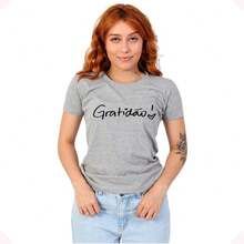 Baby Look Cotton Women's T-Shirt Basic Blouse Gratitude Phrase - 灰色 - 查看 1