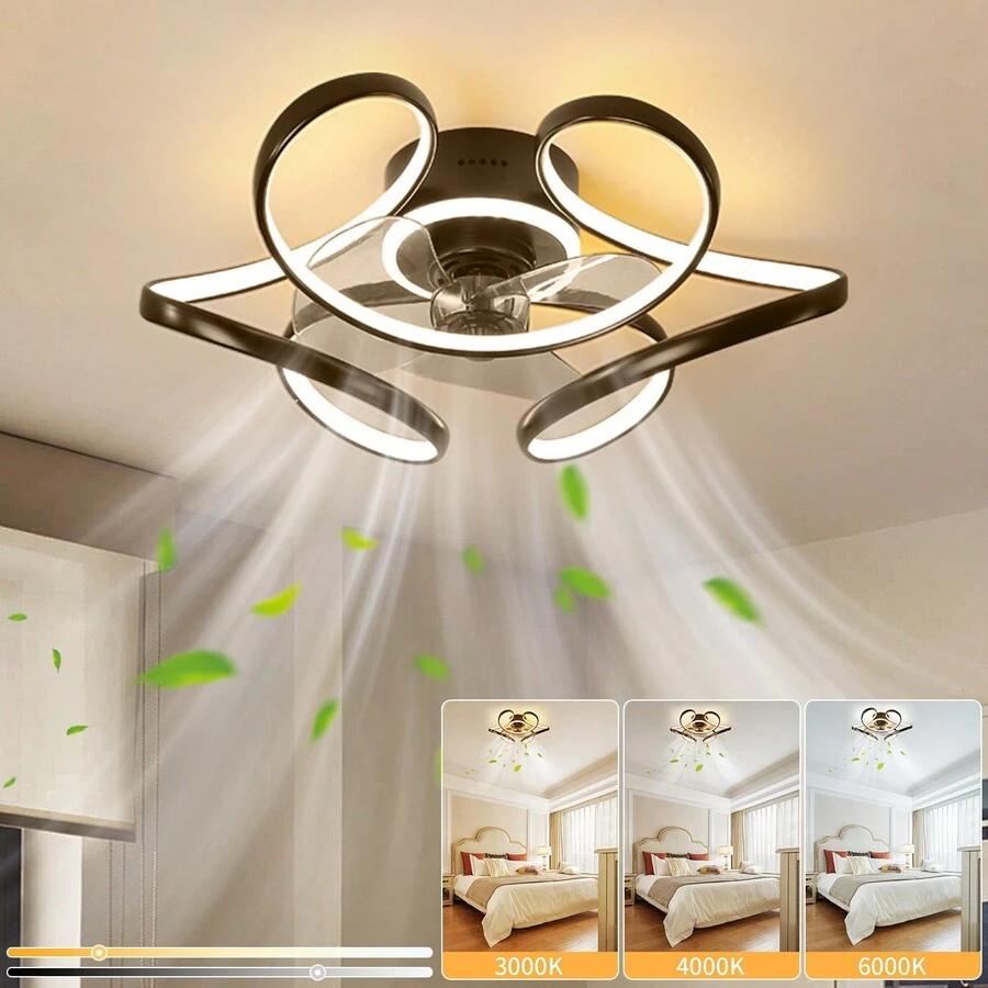 LED Ceiling Fan With Light Remote Control, 6 Speed 3 Color Geometric Leafless Ceiling Fan With Light, Black Thin Recessed Ceiling Fan For Kitchen Bedroom Living Room - Cà phê nâu - Xem 1