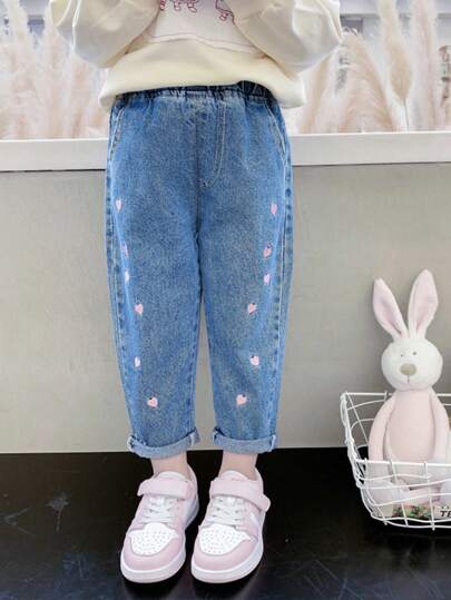 Young Girl Pocket Heart Embroidered Tapered Denim Jeans