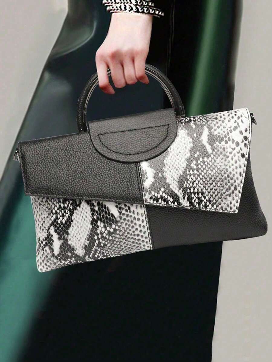 The Pattern Is Cut Randomly With The Fabric1 Piece PU Crocodile Pattern Women's Crossbody Bag, Women's Handbag, Shoulder Bag, Party Clutch Bag, Handbag, Wallet, Clutch Bag, Suitable For Dinner, Party, Party, Leisure, Shopping - Black and White - View 1