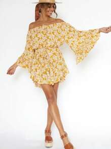 Women's Off Shoulder Floral Print Dress With Balloon Sleeves And Ruffle Hem