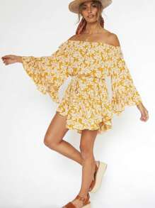 Women's Off Shoulder Floral Print Dress With Balloon Sleeves And Ruffle Hem
