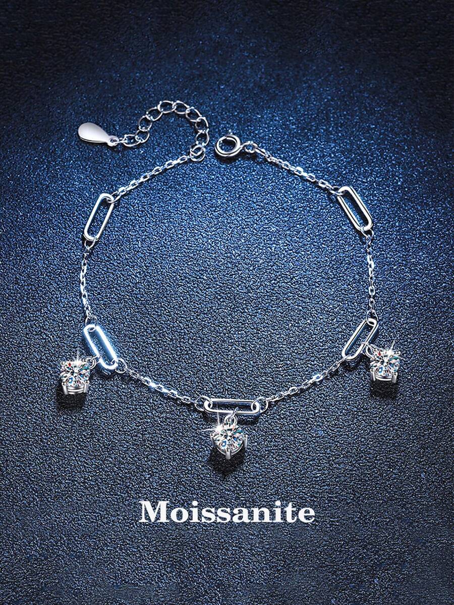 1pc Elegant & Luxurious 925 Silver Bracelet With 1.5 Carat Moissanite Stone, Suitable For Daily Wear, Parties, Holidays, Valentines, Christmas, Halloween, Women Jewelry Gift - Silver - View 1