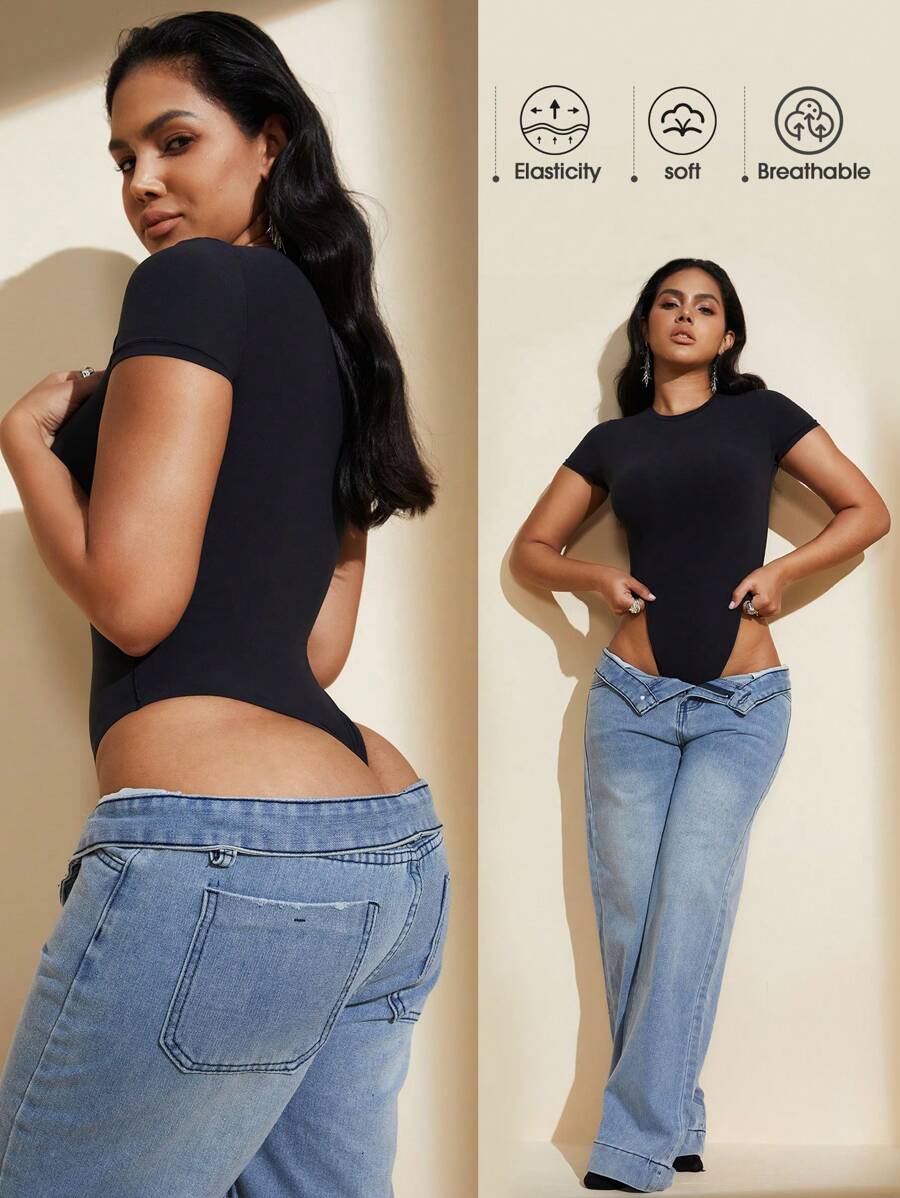 1 pieza Body negro sin costuras para mujer con escote de cuello y manga corta, sexy body-tanga