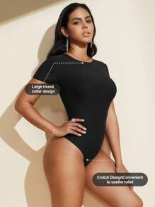 1 pieza Body negro sin costuras para mujer con escote de cuello y manga corta, sexy body-tanga