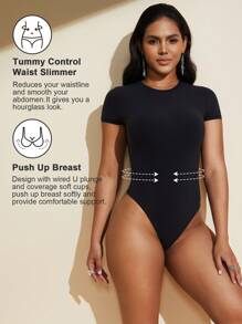 1 pieza Body negro sin costuras para mujer con escote de cuello y manga corta, sexy body-tanga
