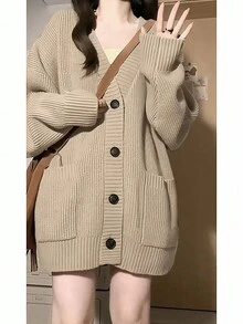 Alicedudu Women Casual Solid Color Button Down Batwing Cardigan, Spring/Autumn,Three Quarter Sleeve Tops - Khaki - View 4