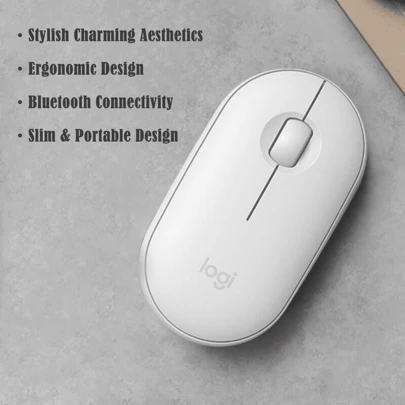 Logitech Wireless Bluetooth Mouse Pebble, Solid Color Cobblestone Shape, Suitable For Office, Mac, IPad, Laptop, Desktop Computer (White)