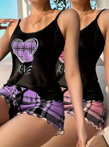 2 Sets Women's Lovely Plaid Heart & Letter Print Lettuce Frill Trim Casual Pajama Set Bow Front Round Neck Backless Cami Top & Shorts Comfortable Relaxed Sleepwear & Loungewear,Two Pieces Set