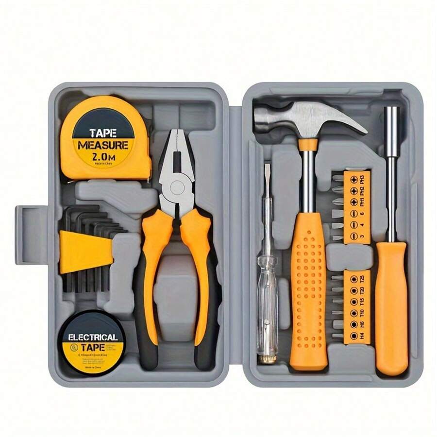 24 In 1 Multifunctional Home Repair Hand Tool Set Pliers Wrench Hammer Tape Measure Screwdriver Yellow Hardware With Toolbox - 黃色 - 查看 1