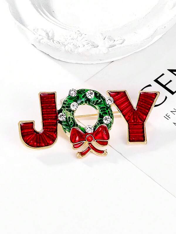 1pc Christmas Bow Lapel Pin, Enamel Joy Letter Brooch, Suit Accessory