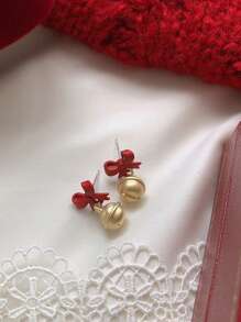 1pc Christmas Red Bow Bell Stud Earrings, Small And Fashionable New Year Gift And Christmas Decoration