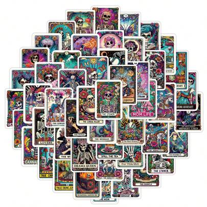 50pcs/Pack Tarot Skeleton Stand Waterproof DIY Creative Doodle Stickers,Guitar Skateboard Water Bottles Bumper Helmet Snowboard Laptop Phone Case Fridge Door Luggage Graffiti Sticker Back To School