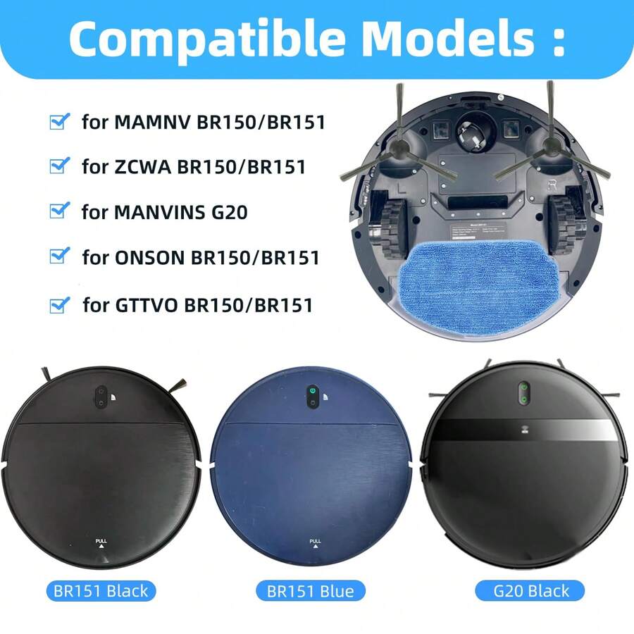 Replacement Parts For G20/BR151,Spare Parts, For G20, Robot Vacuum Cleaner, For BR150/BR151, For ONSON G20/BR151 2-In-1 Robot Vacuum And Mop Combo, Side Brush, Hepa Filter, Mops - White - View 1