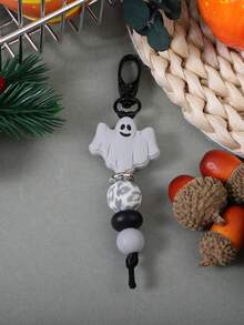 1pc Halloween Ghost Silicone Skull Print Beaded Keychain, ID Card, Lanyard, Bag Charm, Wristlet Key Ring, Halloween Christmas Gift Ideas Bag Lanyards With Id Holder Car Accessories Bag Charms