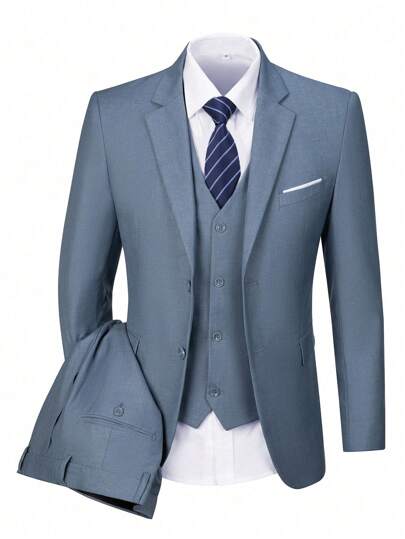 Furuyal 3-Piece Elegant Men's Suit Set, Gentlemen's Solid Color Double-Breasted Slim-Fit Single-Breasted Suit Jacket, Vest, Trousers & Tie Set, Suitable For Weddings, Parties, Etc., Denim Blue, Size XS-3XL