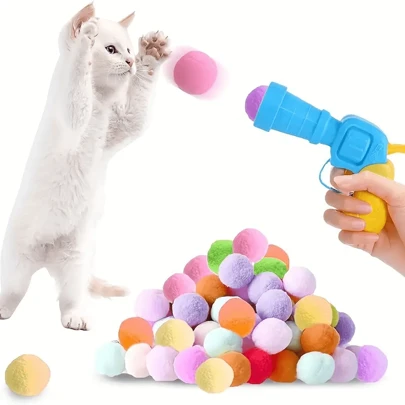 PETSIN Interactive Launch Training Cat Toy Set, Including A Launcher And 20/50 Puffball, Suitable For Indoor Cats, Is A Sports Cat Toy To Promote Love And Trust Between Owner And Cat, Color Is Random