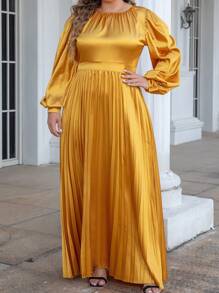 大码女式优雅褶皱长袖灯笼连衣裙