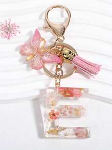 1pc New Dried Flower Crystal Epoxy Flower Letter Keychain, Fashion Bag Charm Tassel Butterfly Keyring Halloween Gift Souvenir Car Accessories School Cute Goth Y2k - Pink - View 12