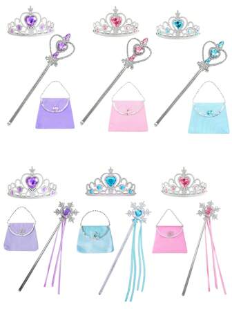 3pcs/Set Kids Colorful Princess Crystal Crown, Magic Wand Play Props, Cute Handbag & Wallet, Girl Outdoor Decor Accessories, For Christmas