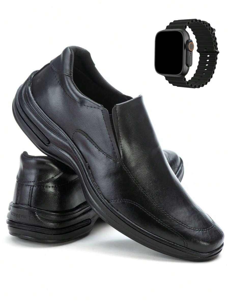 Men's Soft And Comfortable Leather Orthopedic Dress Shoe With Anti-Stress Sole + Digital Watch - 黑色 - 查看 1