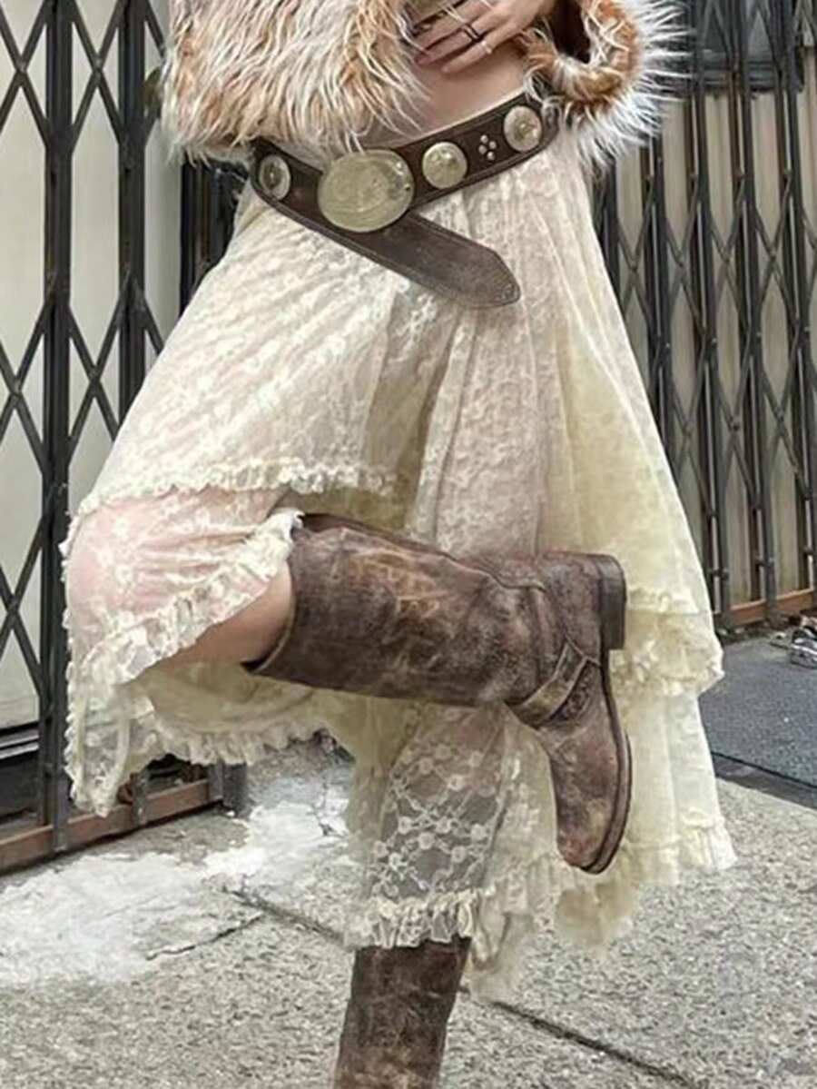 Solid Lace Asymmetrical Hem Skirt For Summer