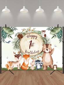 1 件森林动物背景，适合 1 岁生日派对，生日快乐野生动物，绿叶植物 210 x 150 厘米照片背景道具，圣诞节 - 薄荷綠 - 查看 6