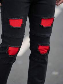 Fashionable Men Casual Distressed Red Patch Denim Jeans - Black - View 6