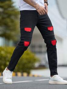 Fashionable Men Casual Distressed Red Patch Denim Jeans - Black - View 1